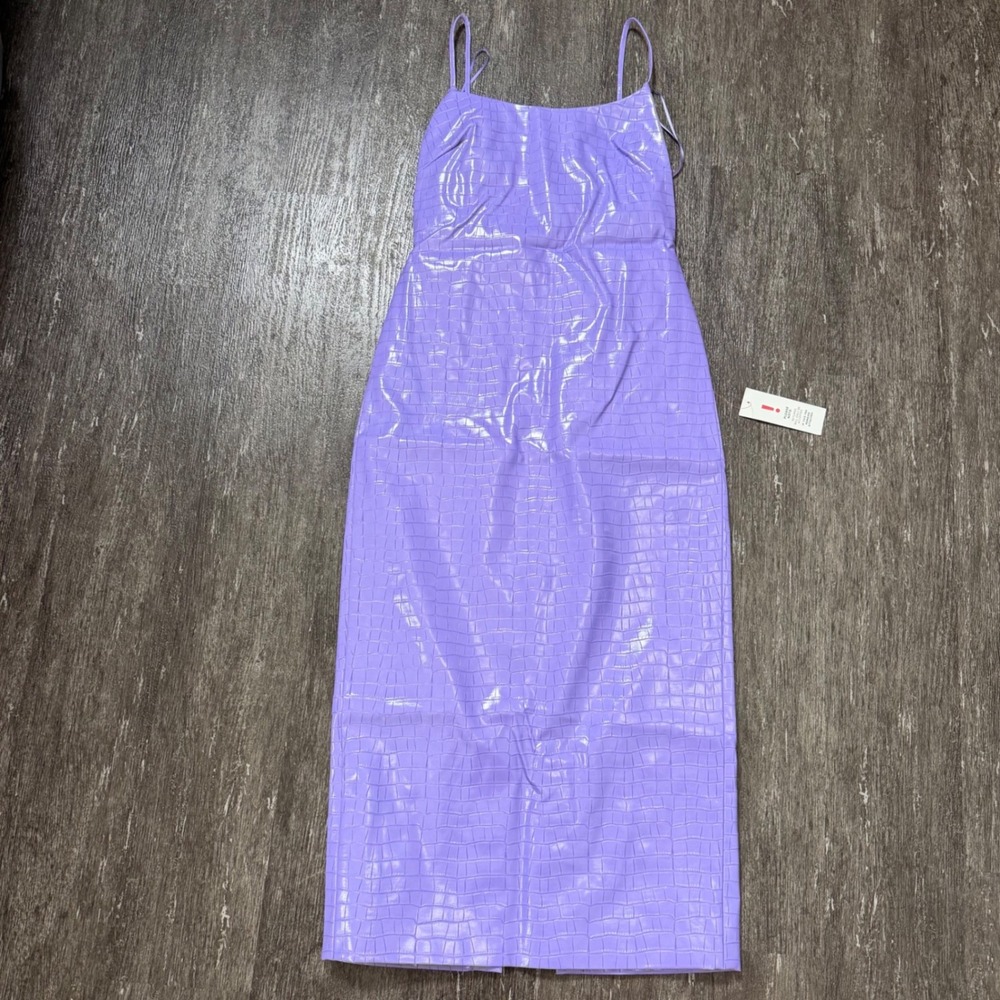 Bardot Midi Dress Womens 4 Purple Croc Embossed Faux Leather Spaghetti Strap NEW